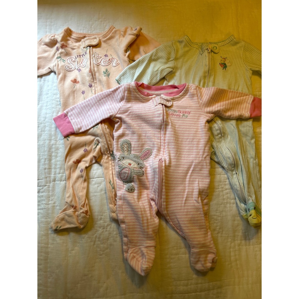 Baby Girl Footed Pajamas Sleepers Bundle of 3 Bunny Floral‎ Infant Clothes